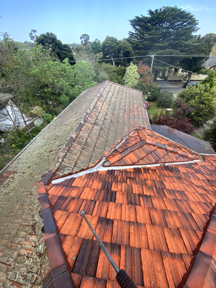 Roof Cleaning in the bayside area, half cleaned for impact